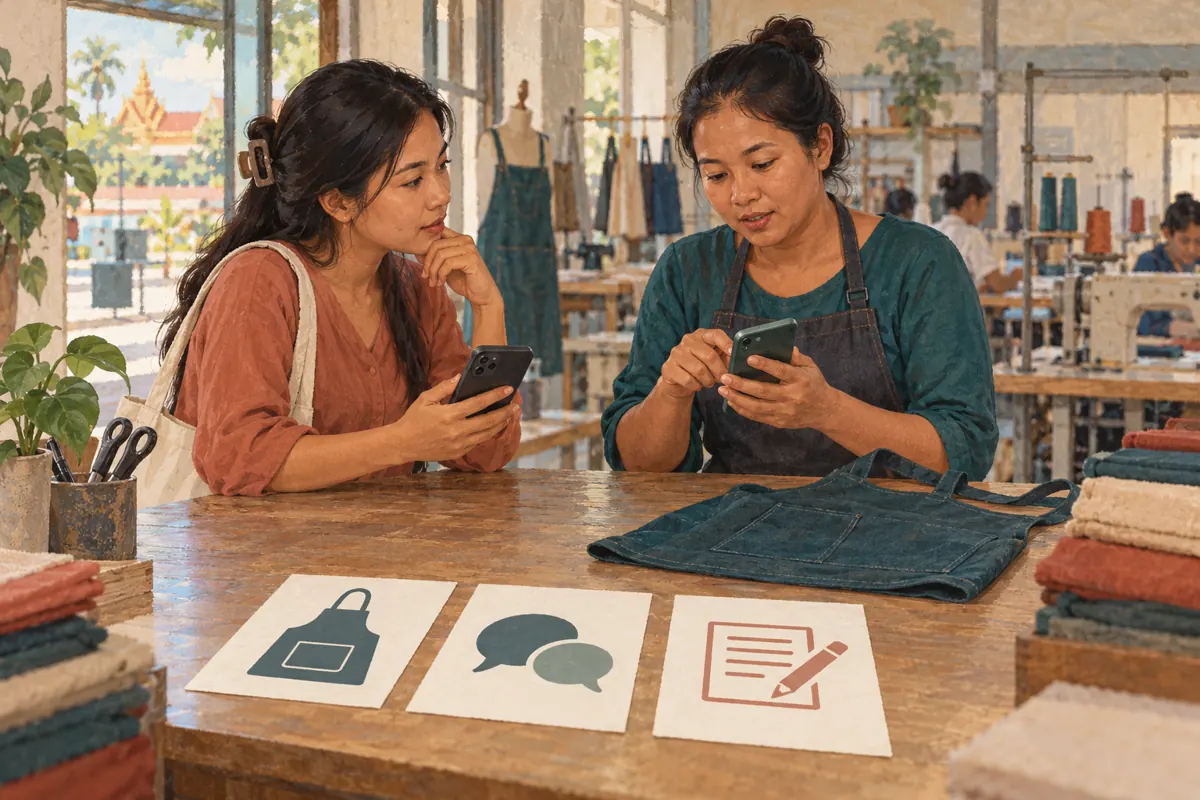 Two Cambodian workshop colleagues test an enquiry on their phones beside an apron and three illustrated process cards.