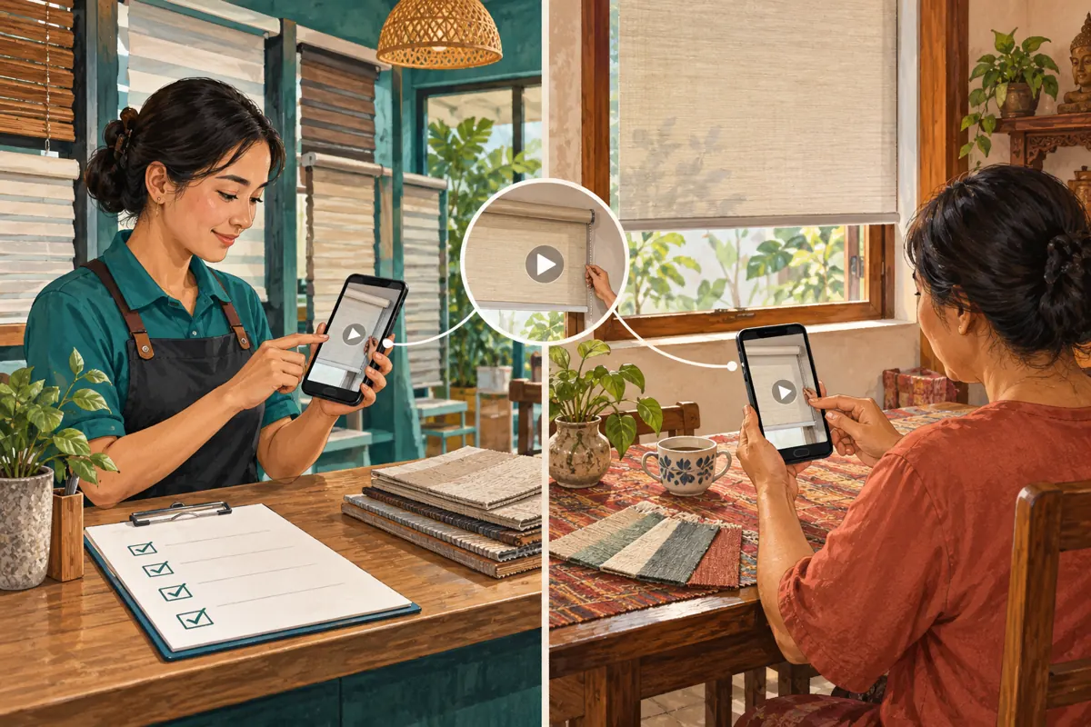 Split illustration of shop staff and an independent viewer opening the same blind demonstration on separate phones.