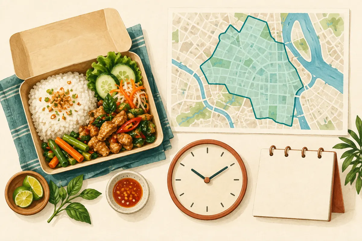 Illustrated lunch box, delivery-area map, clock and blank calendar representing the essential offer details.