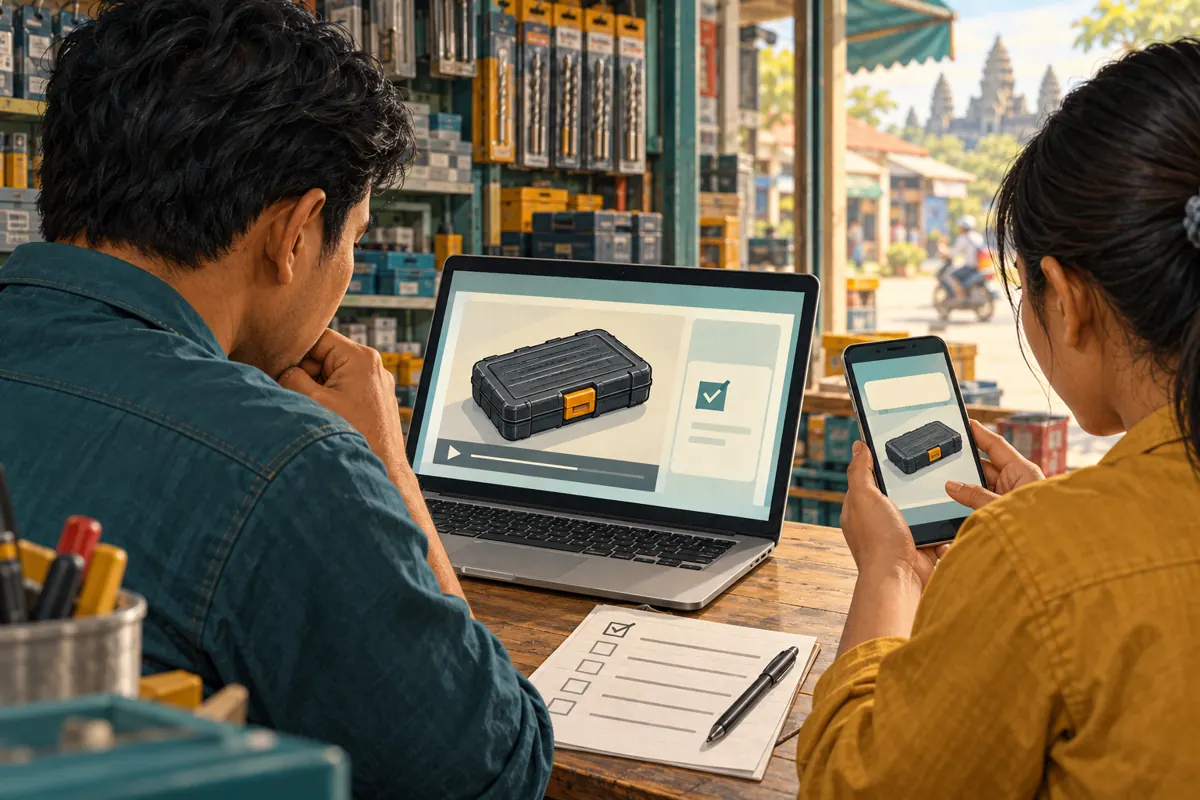 Two hardware shop colleagues review a schematic video disclosure on a laptop and phone beside a paper checklist.