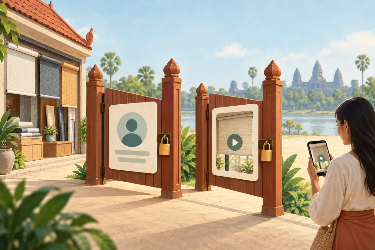 Two illustrated gates with profile and video symbols represent separate account and post visibility checks.
