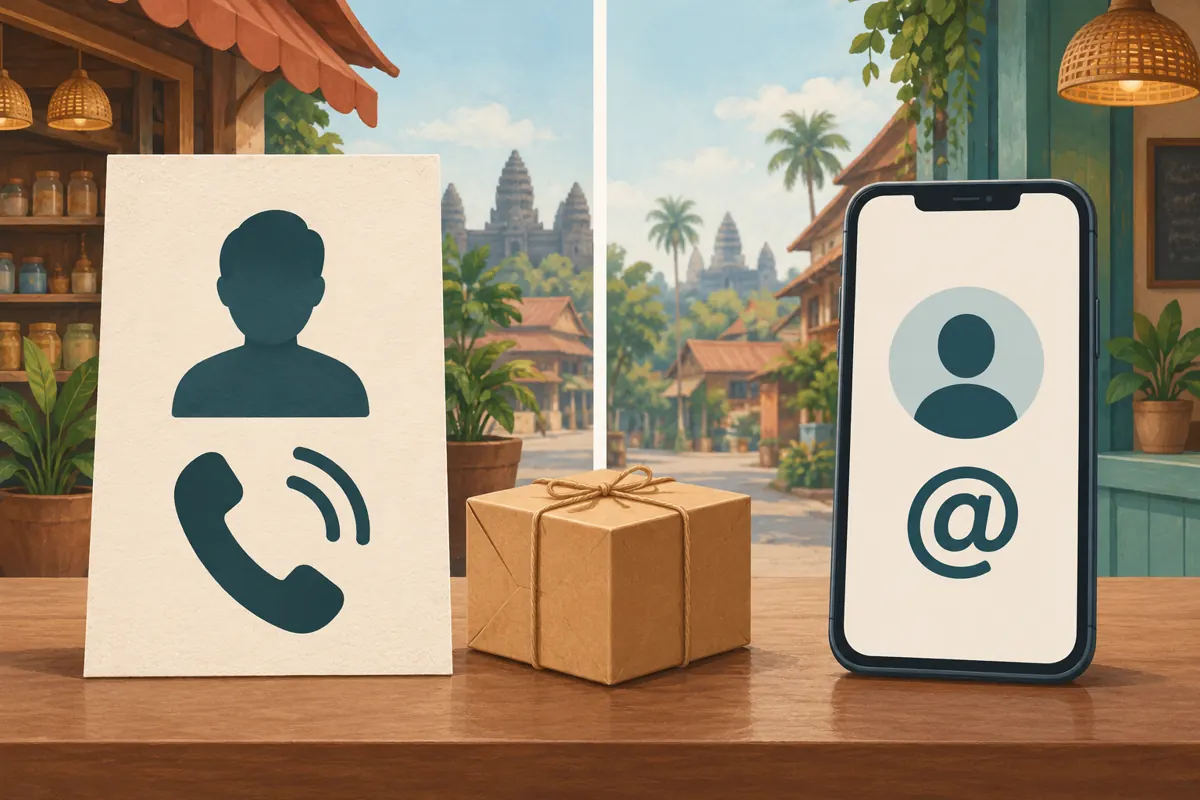A telephone contact card and a smartphone profile with an at-sign appear in separate panels beside a parcel.