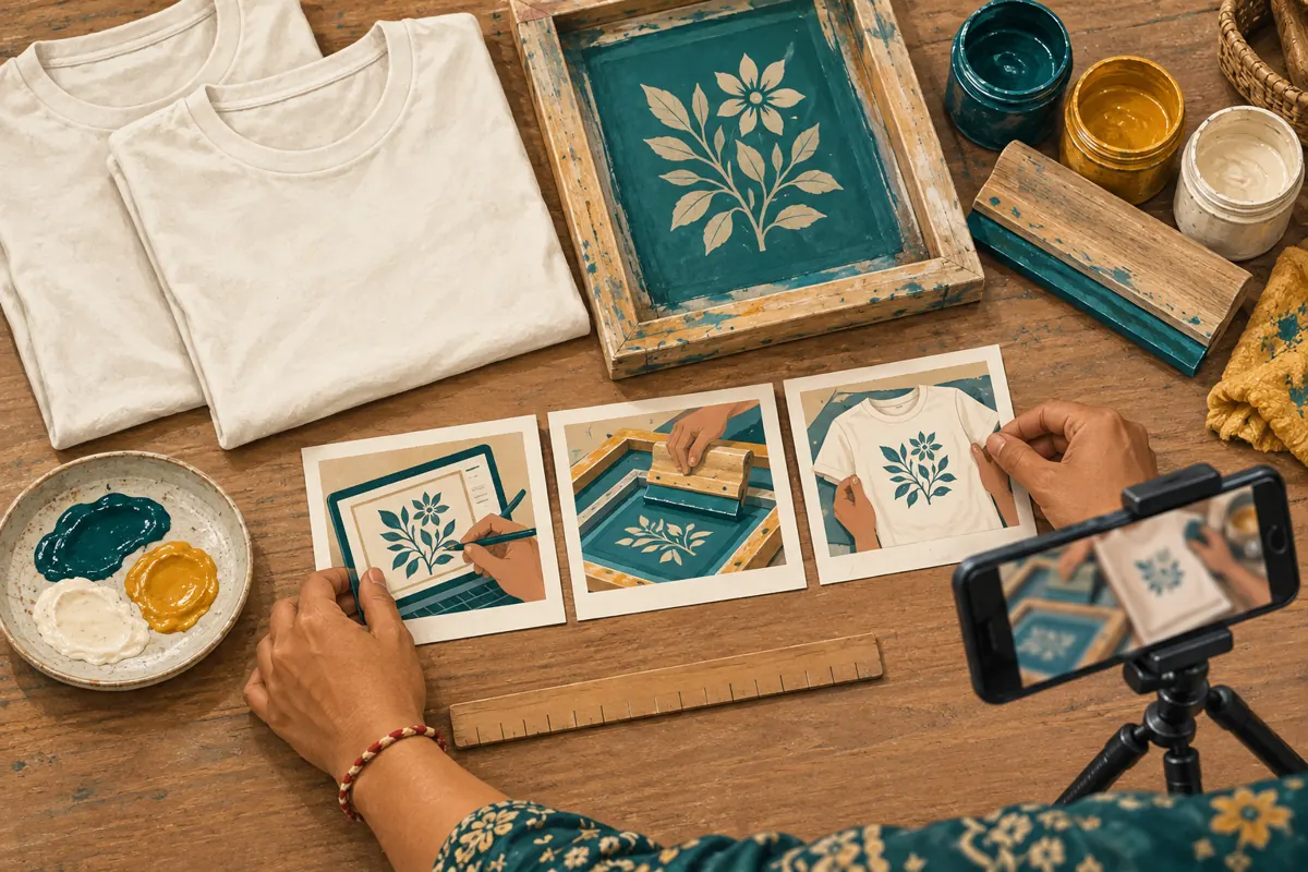 Hands arrange storyboard cards beside sample shirts, ink, a printing frame and a phone camera.
