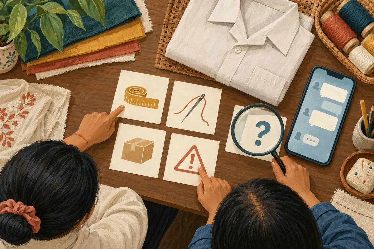 Two workshop staff review cards representing measurements, stitching, delivery and moderation beside a phone.