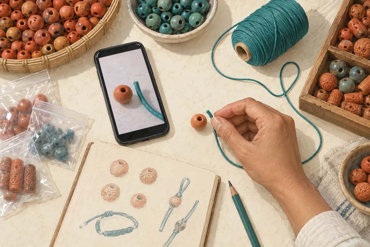 Overhead illustration of a hand comparing cord with a bead opening beside a phone, sample bags and a sketchbook.