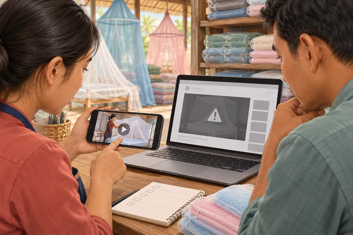 Illustration of Cambodian shop staff comparing a playable phone video with a laptop player showing a warning symbol.