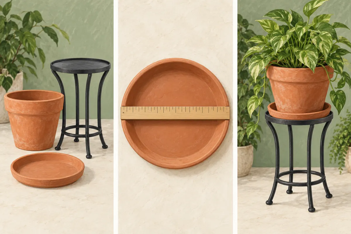 Illustrated sequence showing separate plant-stand components, a ruler across a saucer and an assembled display.