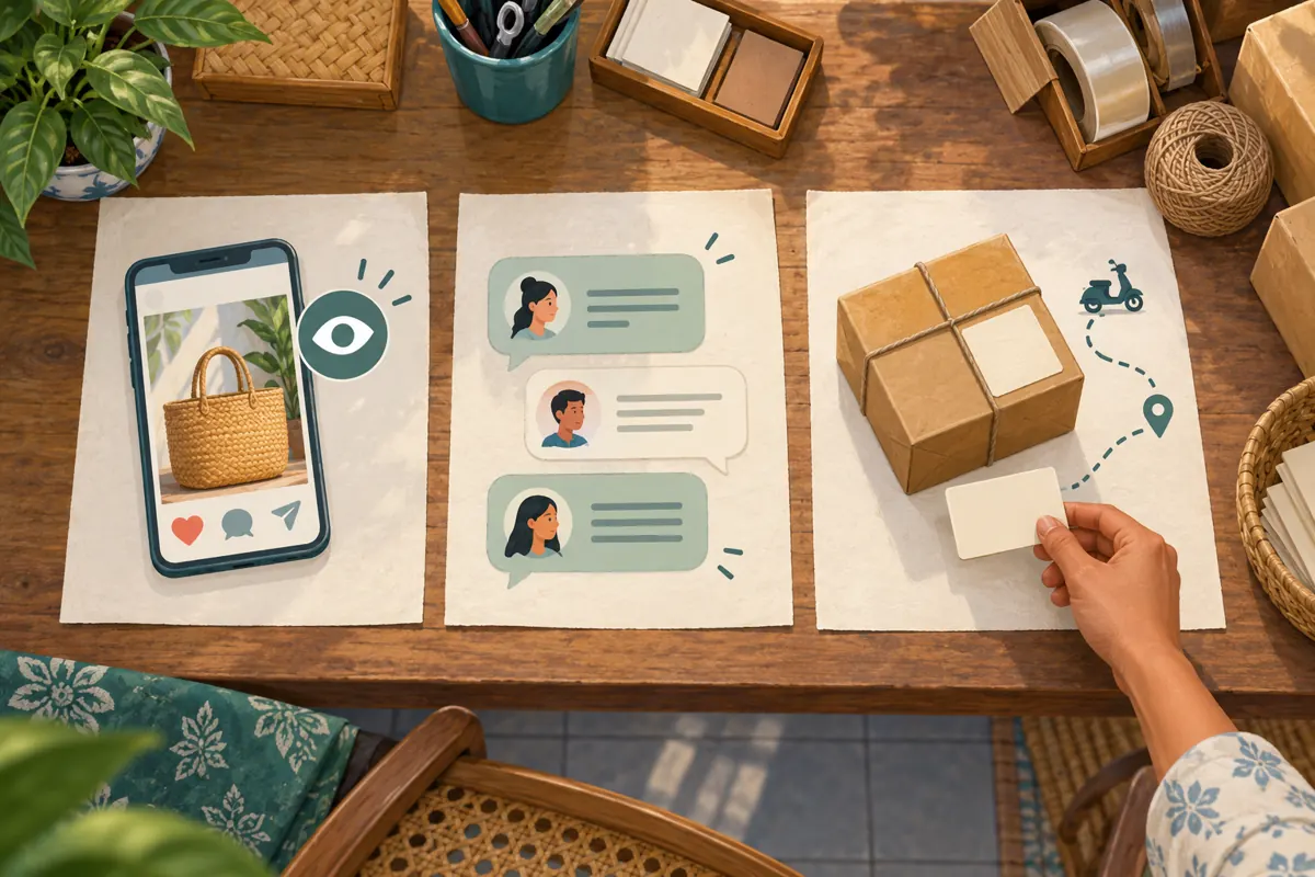 Overhead illustration separates a promotional post, customer conversation and delivery task into three desk records.