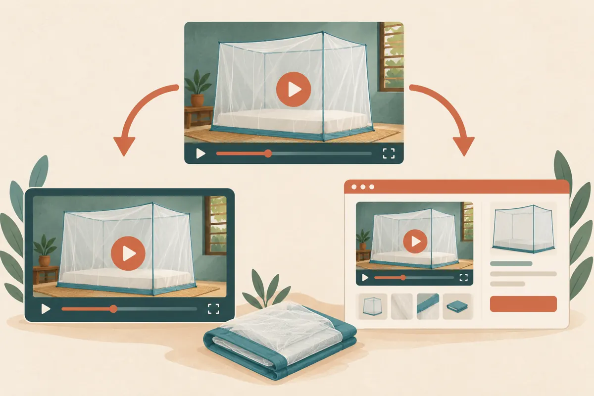 Diagram showing one mosquito-net video appearing in a standalone player and within a shop product webpage.