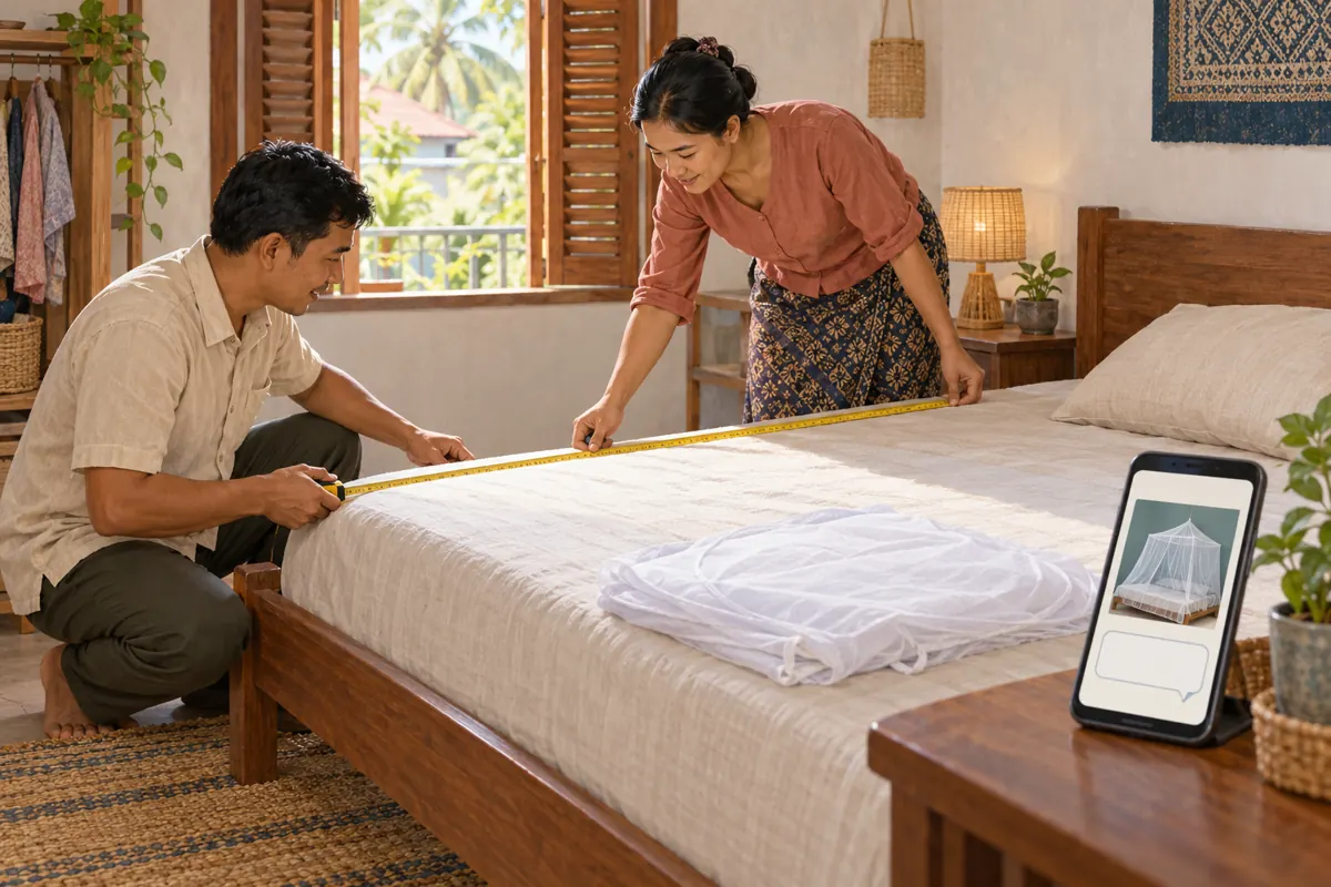 Illustration of a Cambodian couple measuring their bed beside a phone displaying a mosquito-net demonstration.