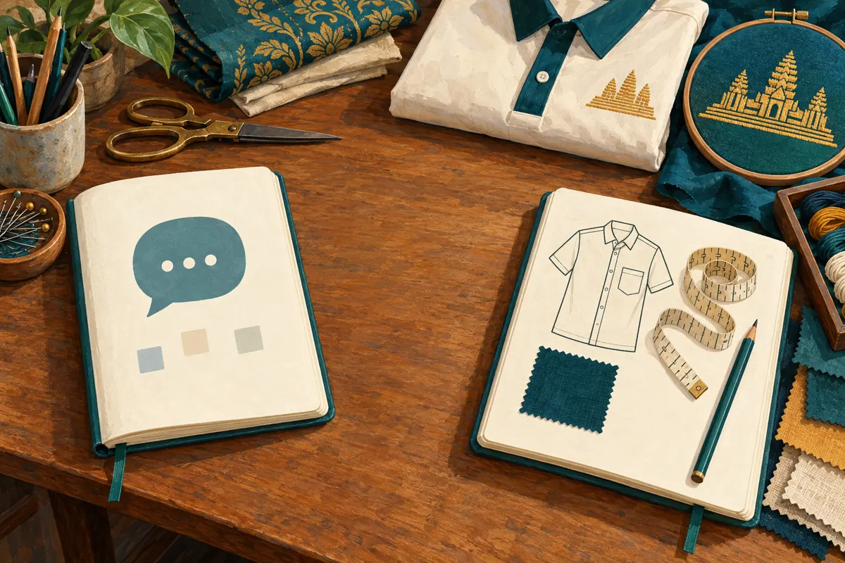 Separate notebooks represent social activity records and customer garment specifications on an embroidery worktable.