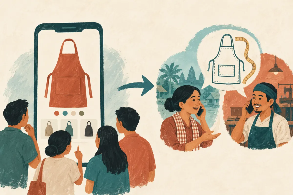 Conceptual illustration showing an apron catalogue viewed by several people leading to an individual customer and maker conversation.