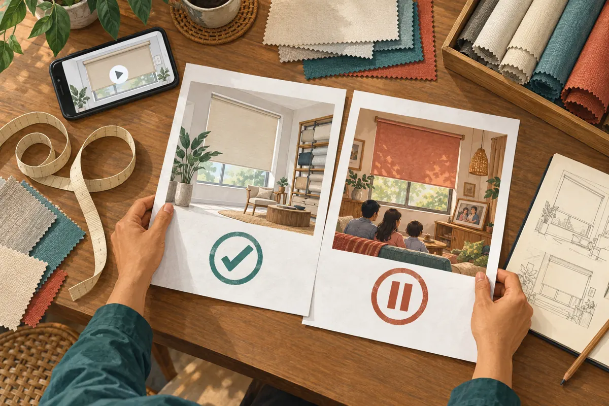 Hands compare an approved showroom storyboard with a paused private-home scene beside blind fabric samples.