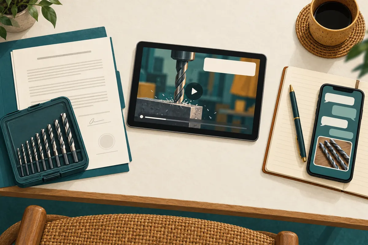 Conceptual desk illustration separates a supplier agreement and drill-bit sample, a video on a tablet and an enquiry notebook beside a phone.