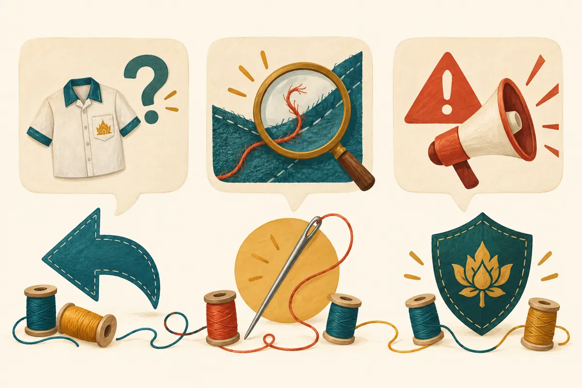 Three illustrated categories show a uniform question, a loose-thread concern and an unwanted promotional message.