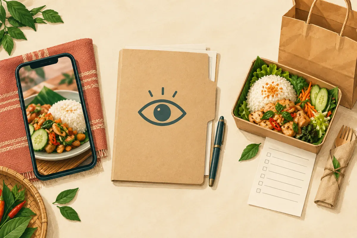 Separate illustrations of a meal post on a phone, a views record folder and a packed lunch with an order slip.
