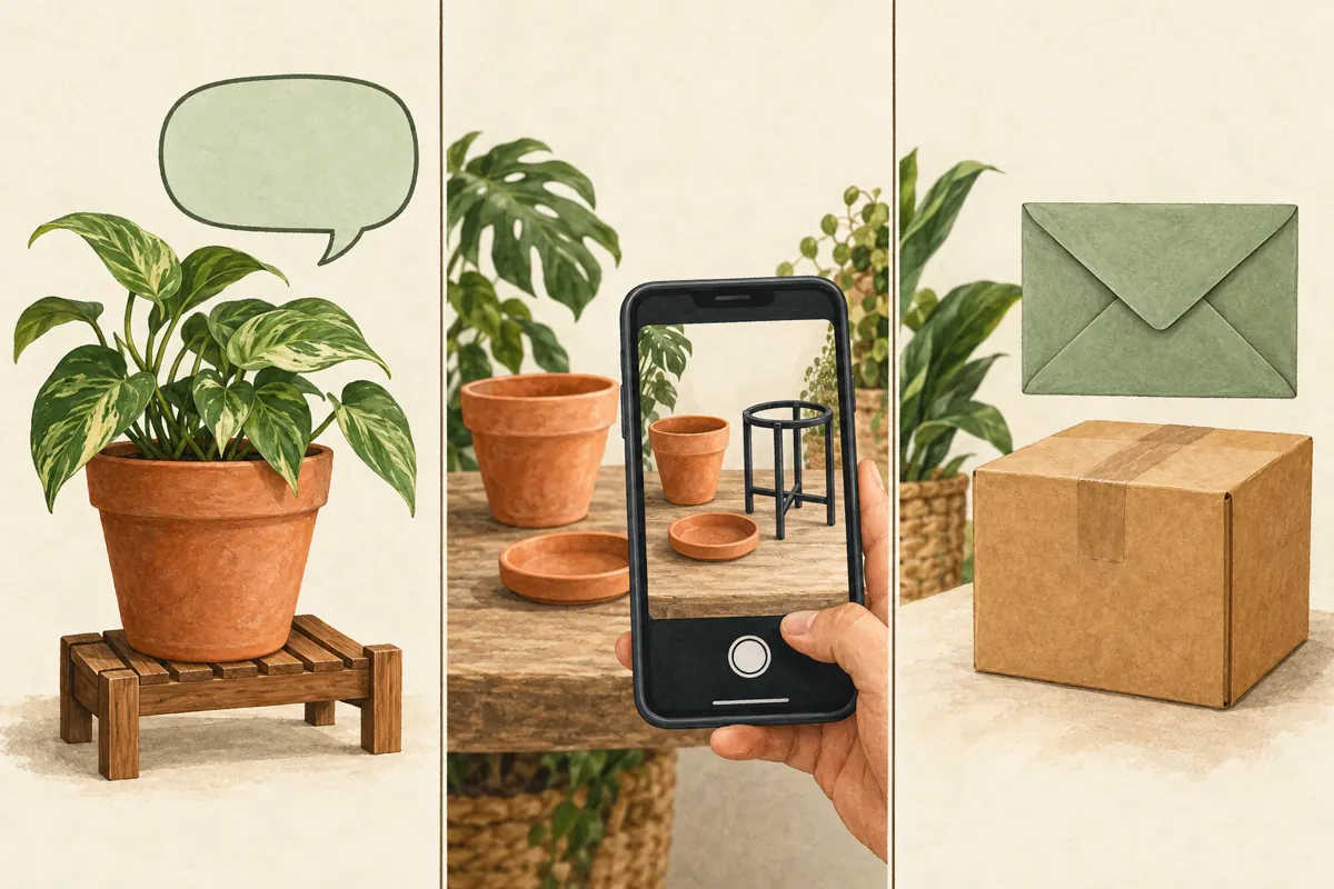 Three illustrated panels representing a text answer, a filmed product explanation and a private delivery conversation.