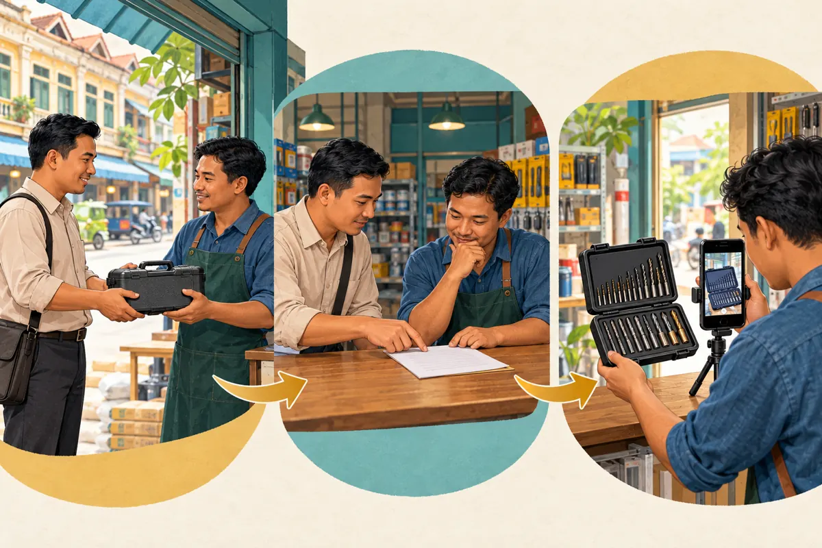 Three illustrated stages show a supplier delivering a tool sample, reviewing an agreement with the shopkeeper and filming the product.