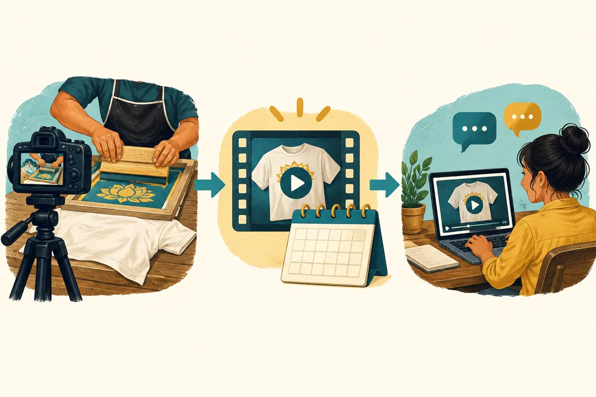 Three illustrated stages show filming a shirt print, scheduling the finished recording and hosting the viewing conversation.