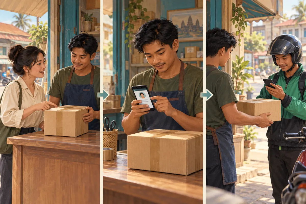 Three illustrated panels show a customer discussing a parcel, a worker checking a contact and a courier receiving the handoff.