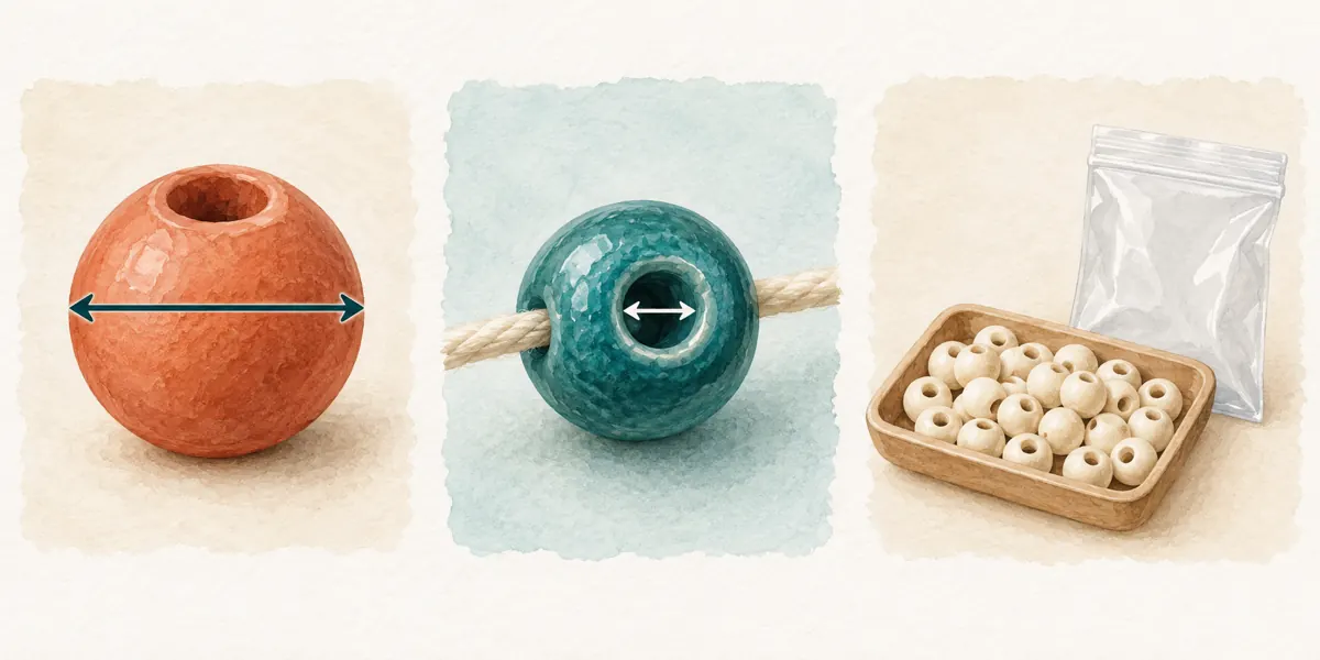 Three illustrated panels distinguish a bead’s outside width, its threading hole and a group of beads for packing.