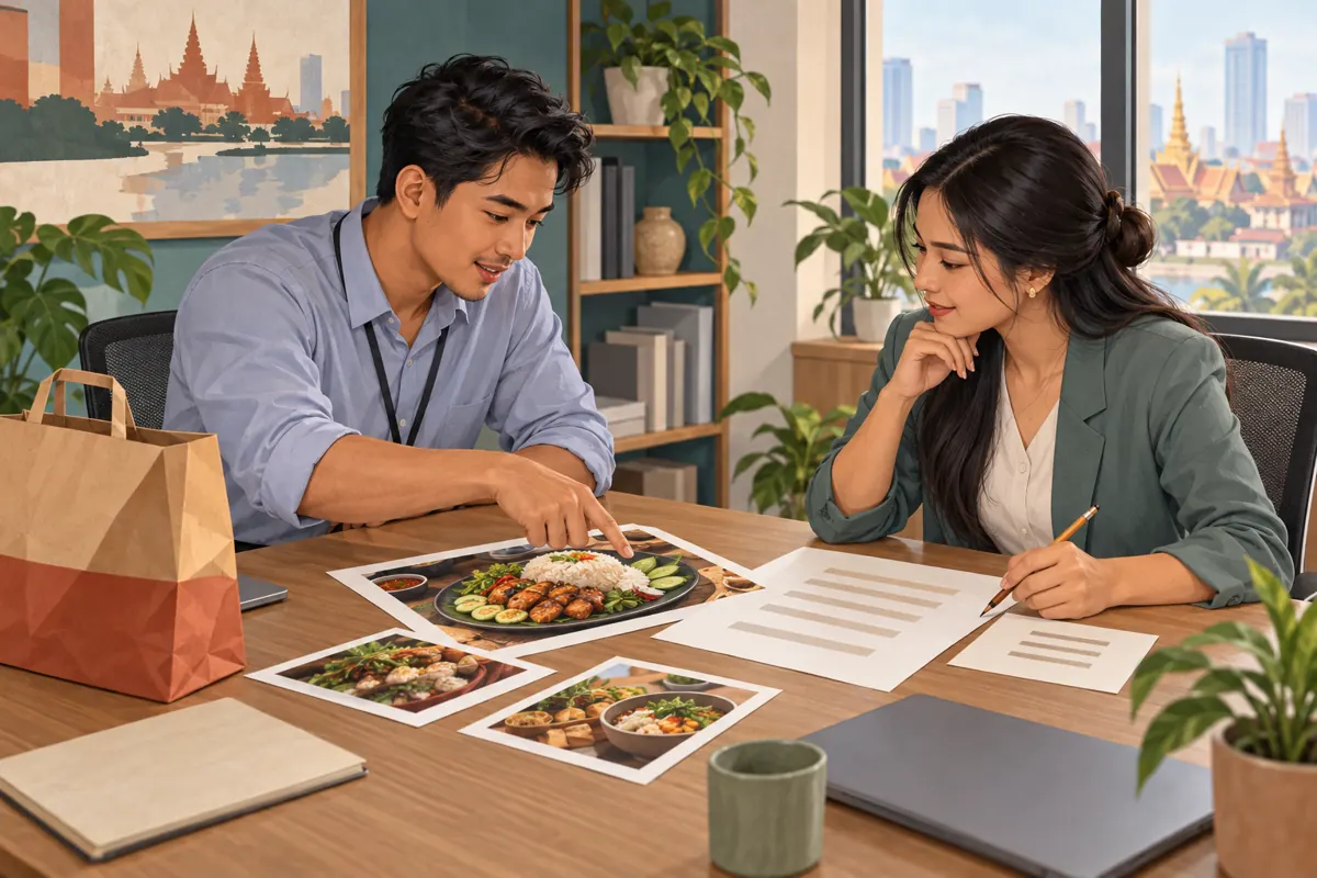 Two Cambodian professionals reviewing meal photographs and a promotional draft at an office table.