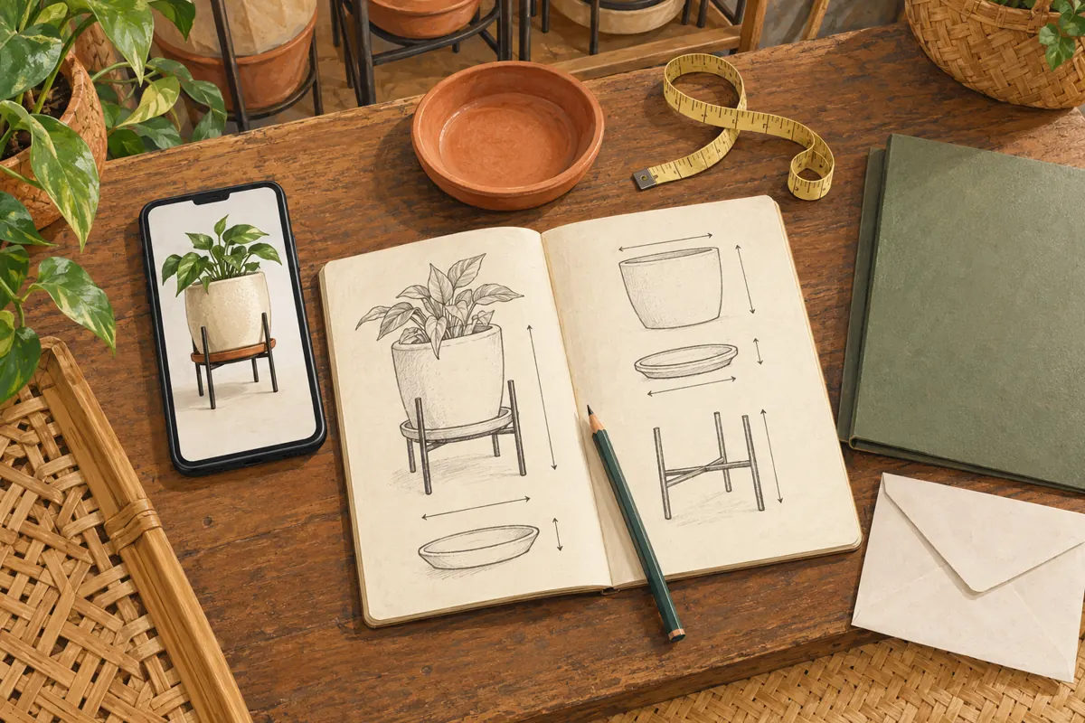 Illustrated shop desk with a plant-stand video, product sketches, measuring tools and a separate folder.