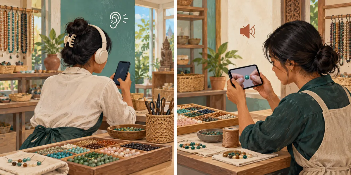 Two illustrated review scenes show headphone listening and silent viewing of a bead-threading demonstration.