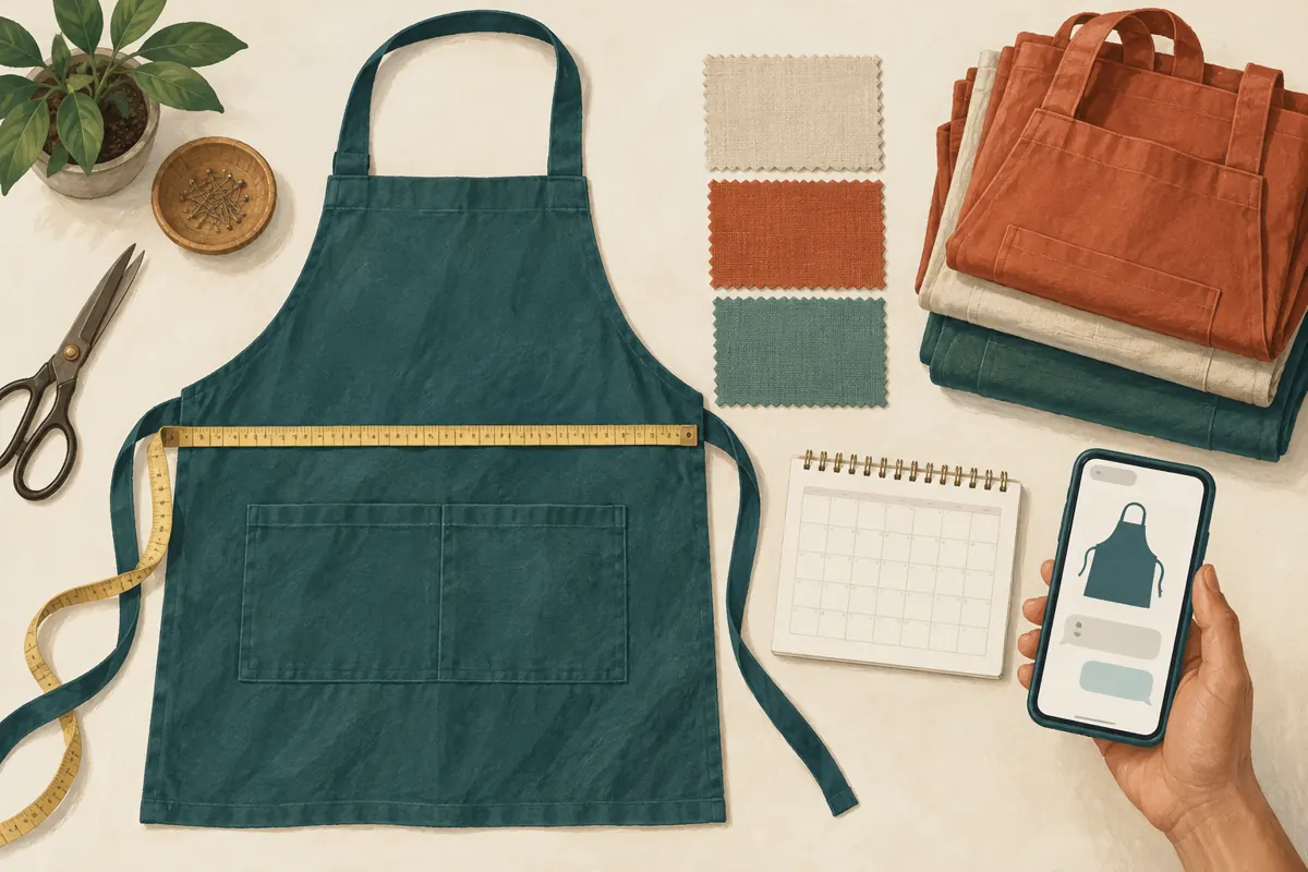 Overhead illustration of an apron, measuring tape, fabric swatches, folded garments, calendar and phone on a workshop table.